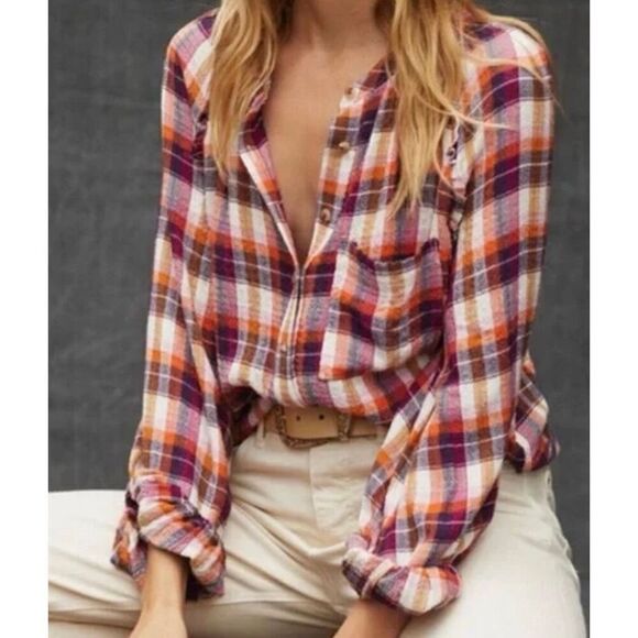 Anthropologie Pilcro breezy plaid orange plaid button down xs - Picture 1 of 13
